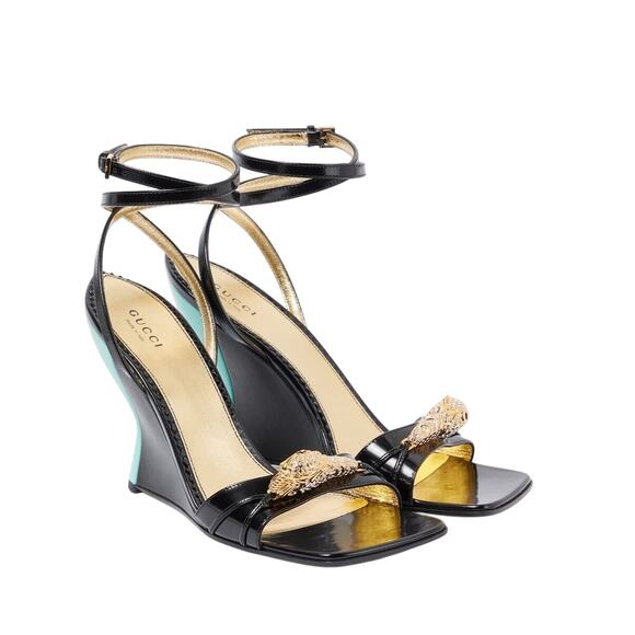 Gucci 37.5 US 7.5 Two-Toned Dora Embellished Wedge Black Sandals NIB $1,250 - Picture 1 of 12